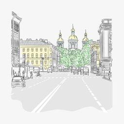 欧美城市插画素材图片,插画中的繁华都市画卷